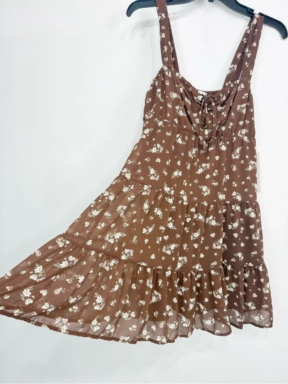 Rachel Paige Brown White Floral Baby Doll Cottage Core Tiered Mini Dress NEW